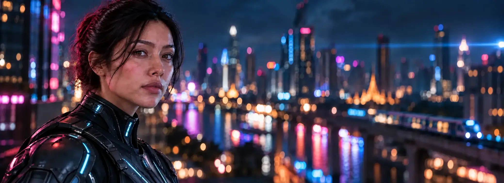 An Asian woman in a futuristic technical suit against the soft neon lights of Bangkok at night.