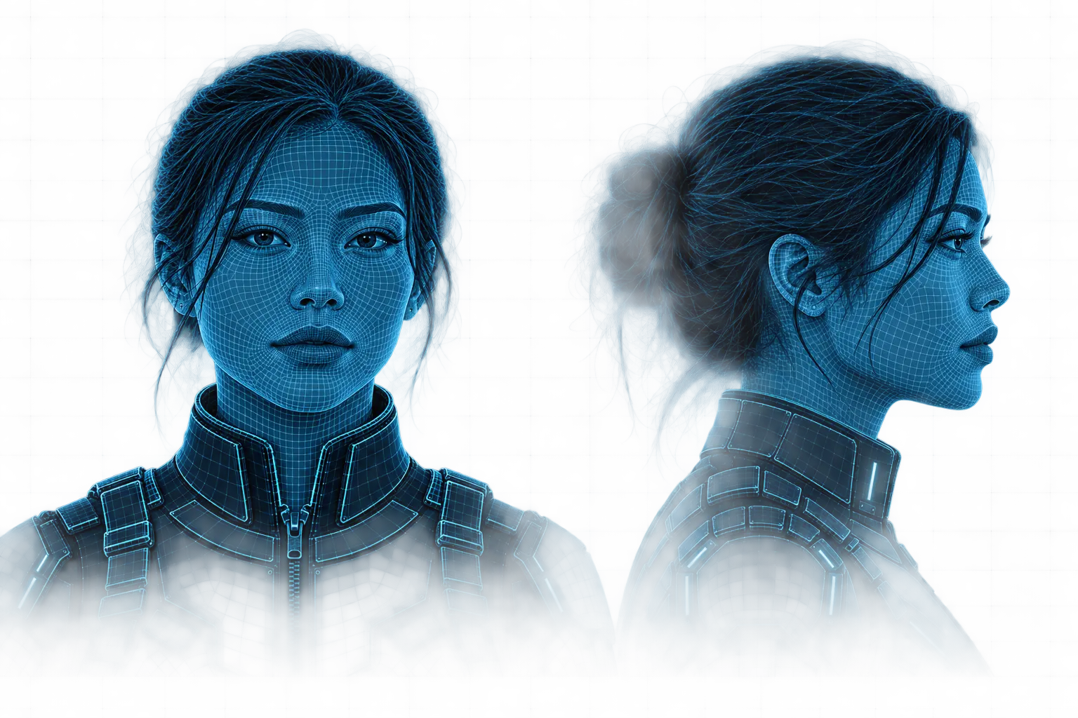 The same heroine in straight-on and strict profile views: cyan wireframe portraits of her face, hair and protective suit, arranged as a matching identification pair.