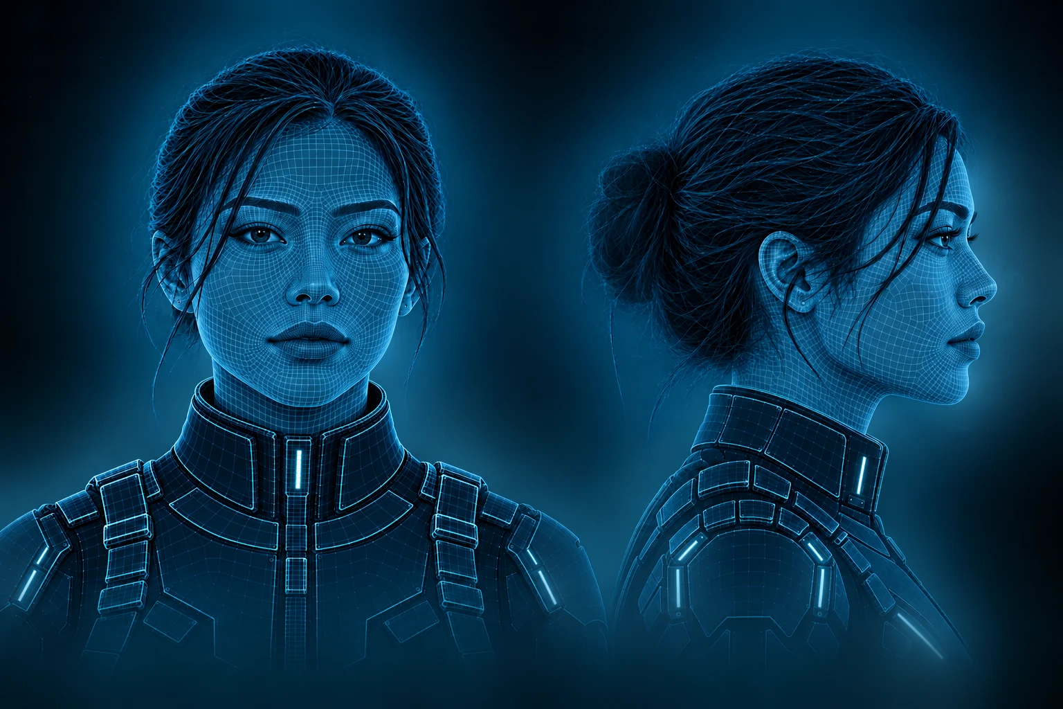 The same heroine in straight-on and strict profile views: cyan wireframe portraits of her face, hair and protective suit, arranged as a matching identification pair.