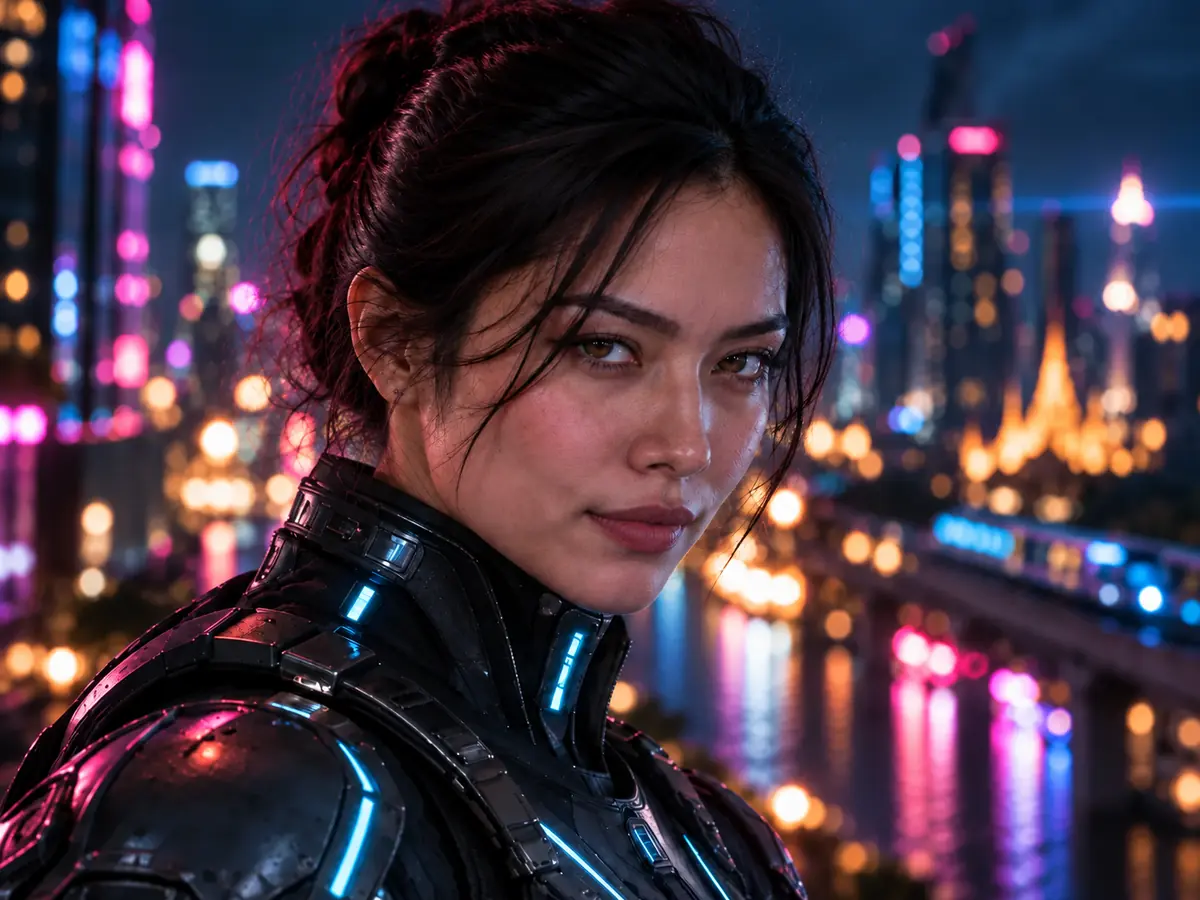 A close-up of the heroine with a cold, asymmetric smirk, chin lowered and eyes looking up from beneath her brows, against Bangkok neon lights.