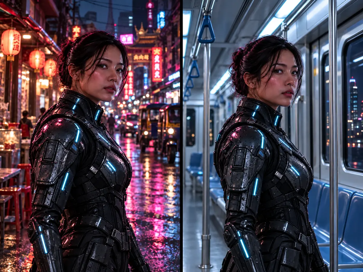 The same heroine in the same suit in two locations: a neon Bangkok street and the interior of a metro train.