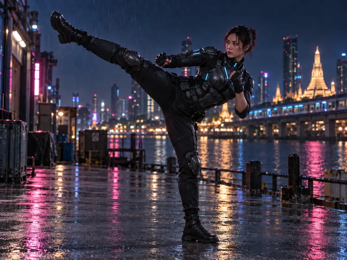 The heroine performs a high roundhouse kick, mawashi geri, on the rain-wet Bangkok riverfront at night.