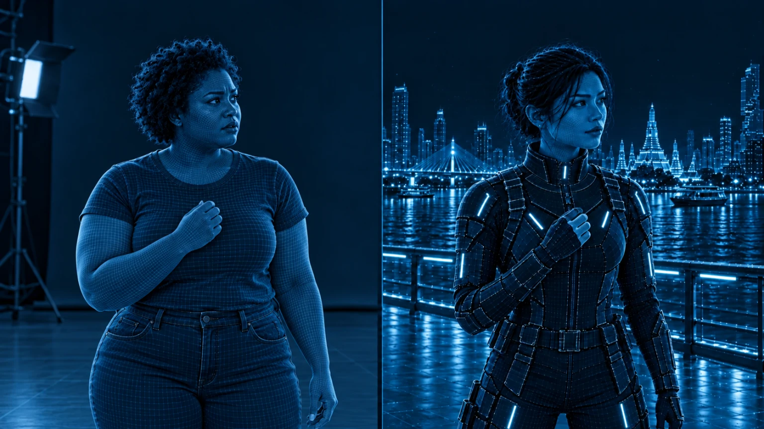 On the left, a plus-size Black actress in everyday clothes performs in an empty studio. On the right, generative AI replaces her appearance, costume and surroundings with the heroine in an armored suit with a glowing clasp against nighttime Bangkok. Her pose and acting gesture are preserved. Both panels use cyan wireframe graphics.