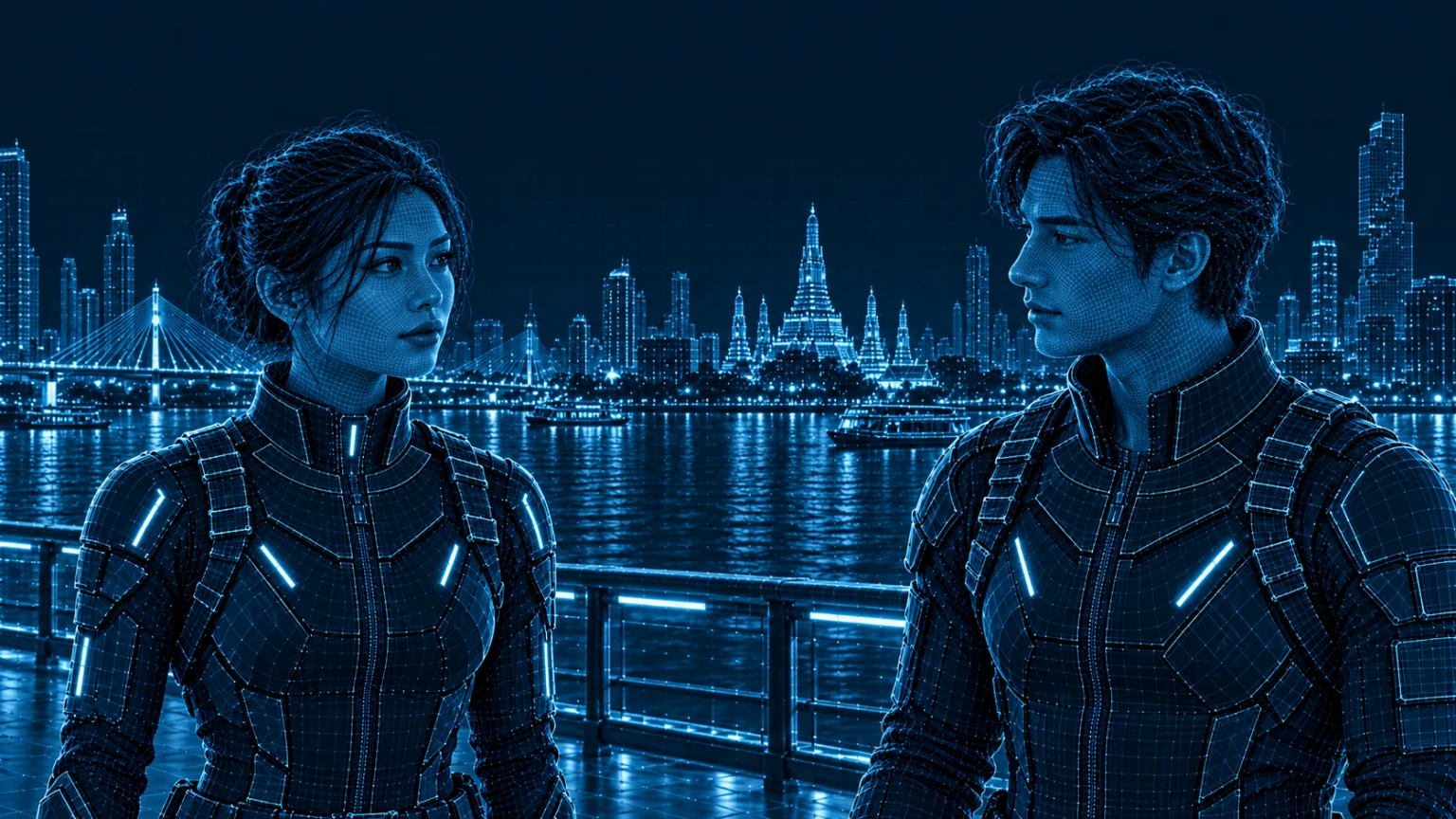 The heroine and a man in cyan wireframe within one landscape shot. A solid vertical 9:16 frame surrounds her and a dashed frame surrounds him. An arrow shows the framing shifting between the characters.