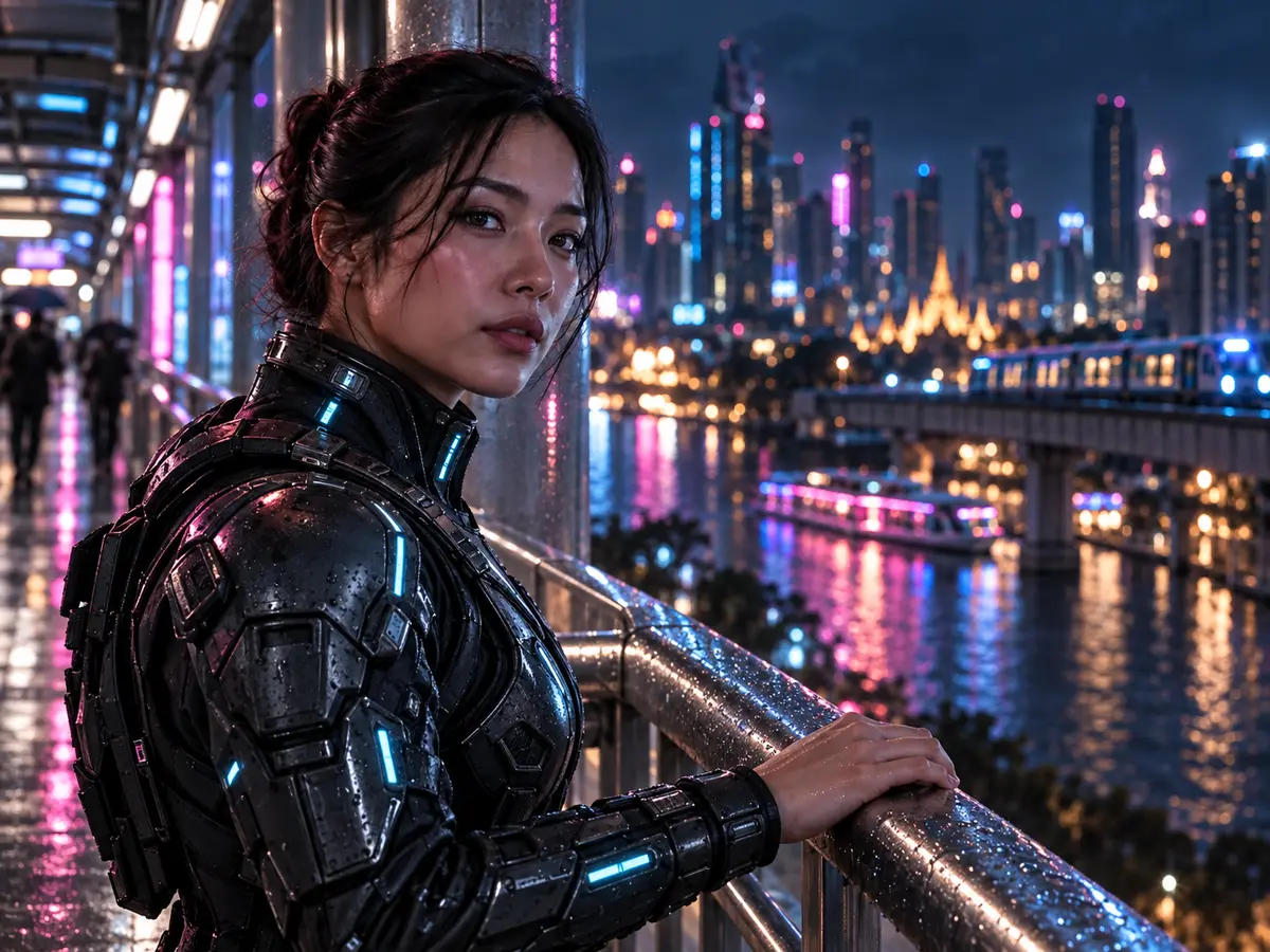 A detailed frame of the heroine at a railing: face, hand and suit textures in neon light.