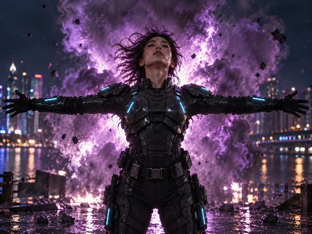 A frontal live-action-style frame of the heroine with outstretched arms against a violet explosion, straight legs continuing below the frame.