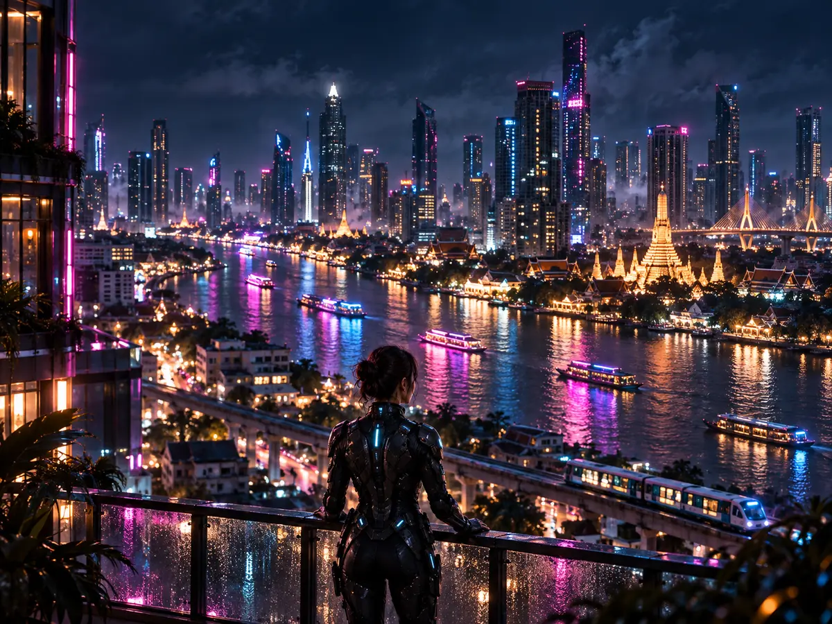 Bangkok after dark: river, temples, neon towers and elevated urban rail.