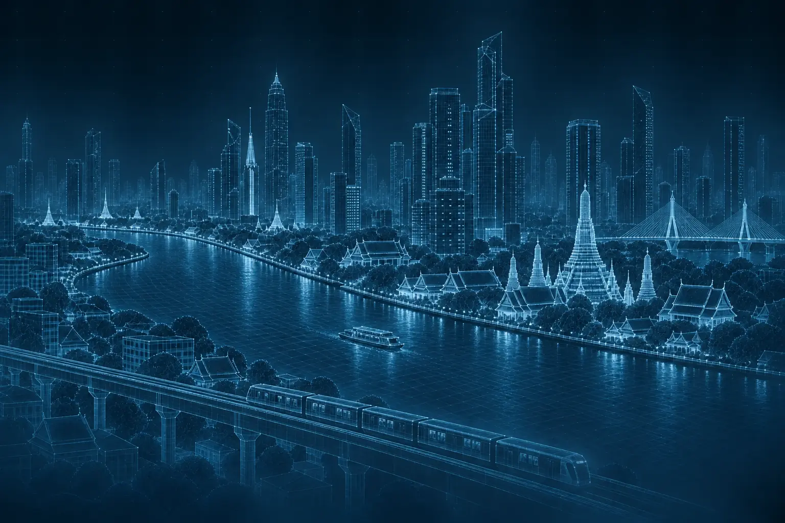 A cyan wireframe panorama of nighttime Bangkok with skyscrapers, Thai temples, one boat on the river and an elevated train.