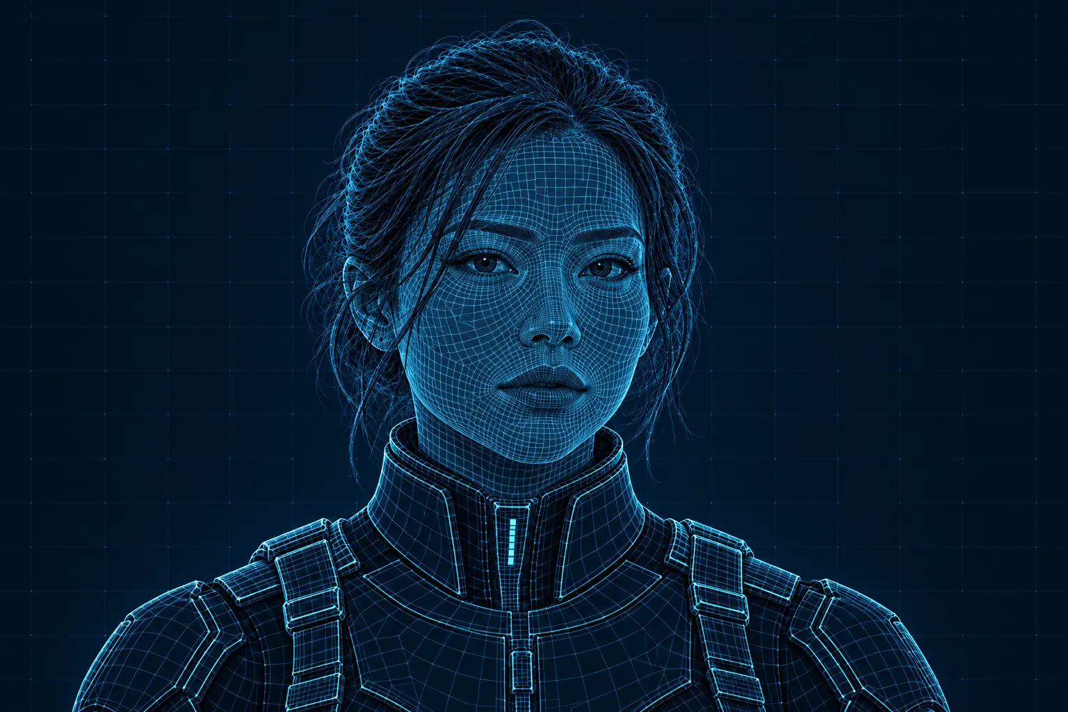 The Bangkok After Dark heroine as a cyan wireframe portrait, with callouts identifying her eyes, nose, lips, cheekbones and face shape.