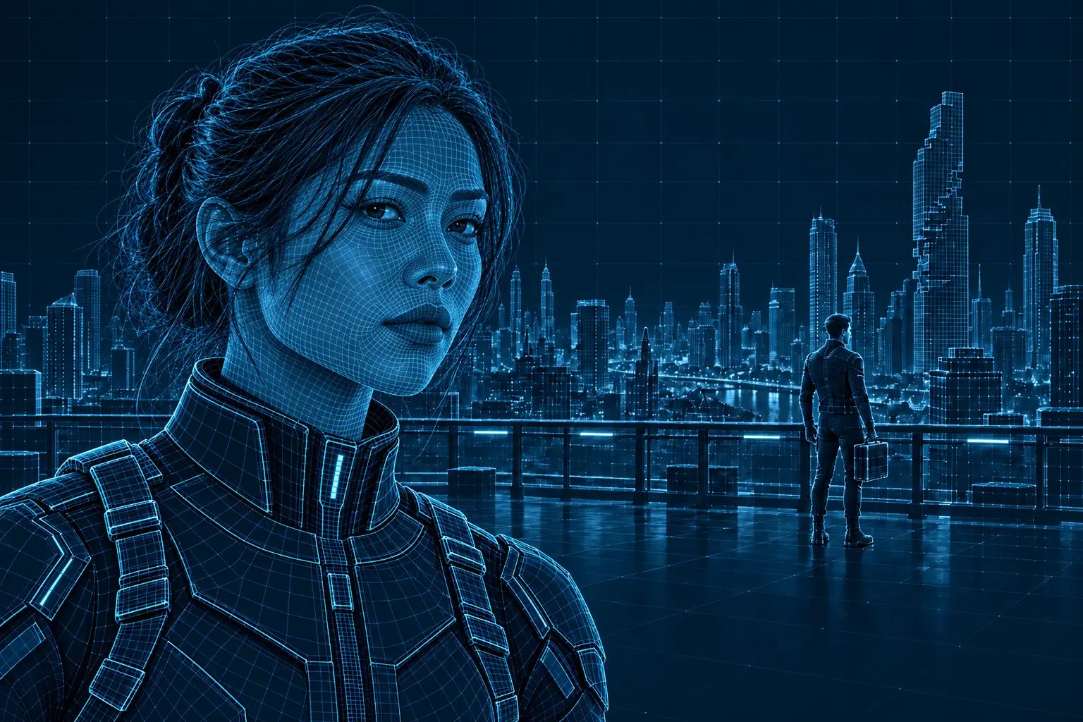 The heroine in cyan wireframe in the foreground, with a partner carrying a case deeper in the Bangkok scene. Focus brackets mark the shift of attention within one shot.