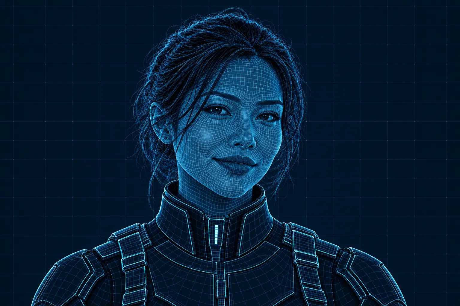 The same heroine as a cyan wireframe portrait with a natural smile, with callouts for brows, gaze, cheeks and smile.