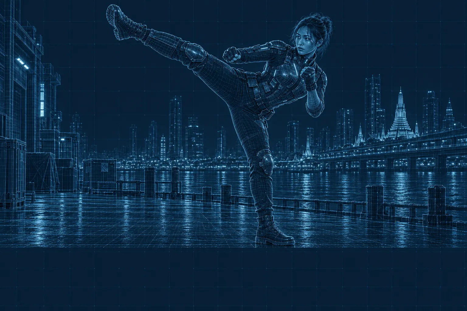 A single cyan wireframe frame of the heroine performing a mawashi-geri roundhouse kick. The speed curve below runs from 1× to 0.25×, then 2× and back to 1×.