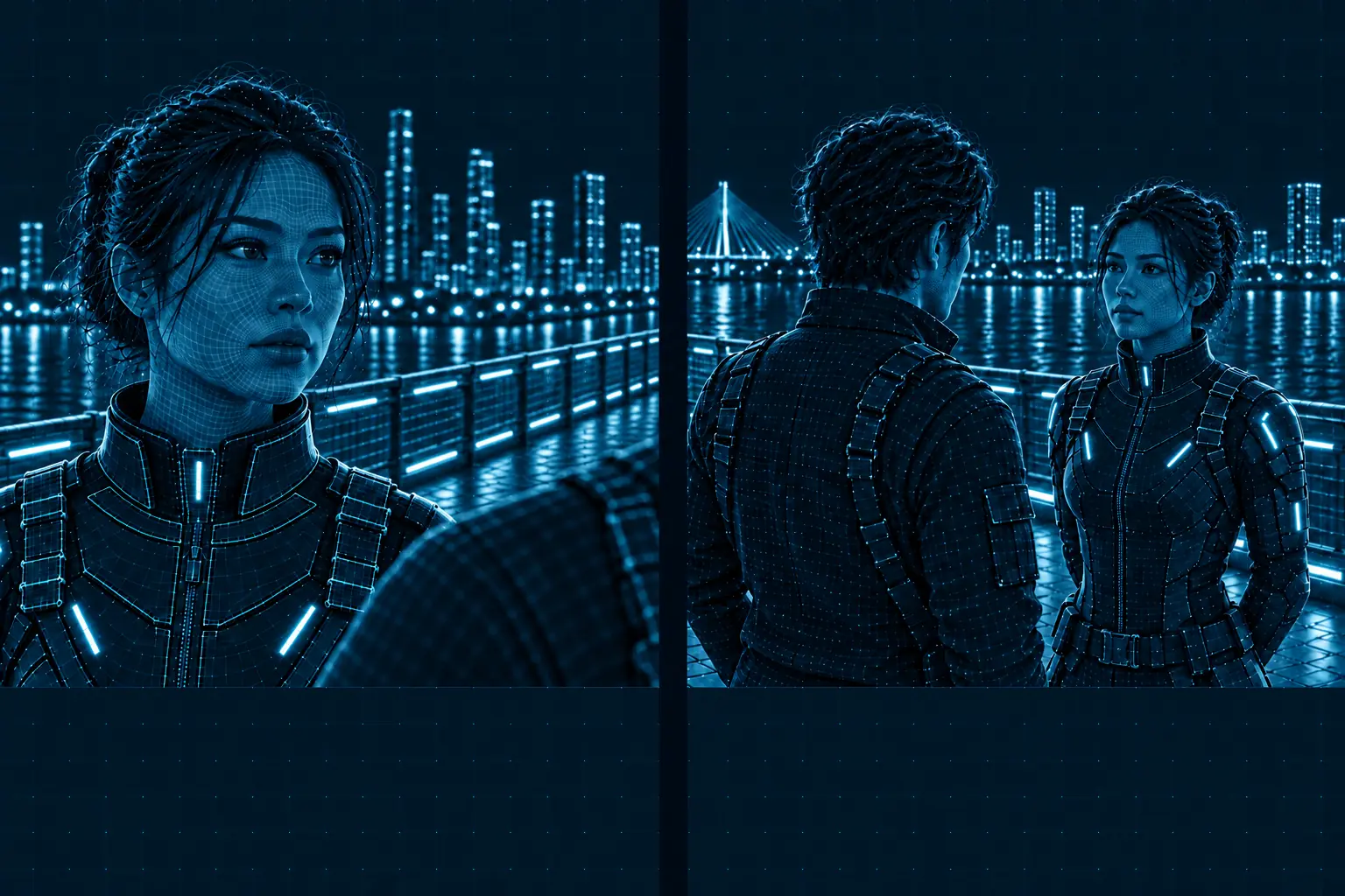 Two views within one continuous take on a Bangkok riverfront. Before the axis crossing, the heroine is on the left and her partner’s shoulder on the right; afterwards, he is on the left and she is on the right. The railing perspective and view of the opposite bank change with the camera position. The diagram shows two characters, their action axis and one camera following an arc across it behind the partner.